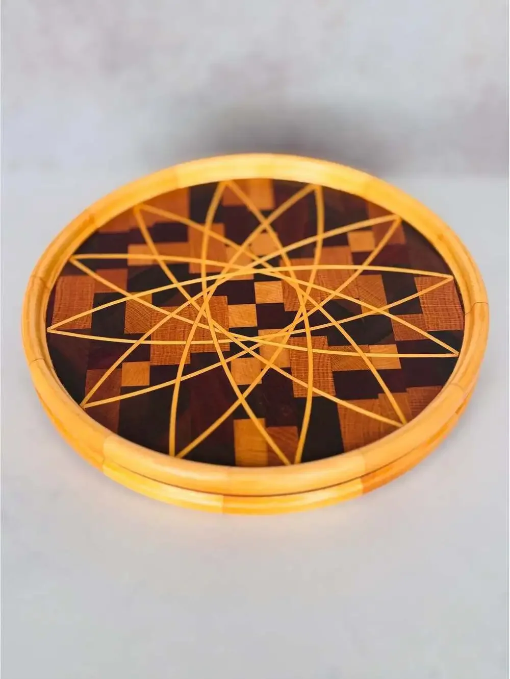 Signed Segmented Wood Platter 2014 | Handmade Inlaid Star Art Serving Tray